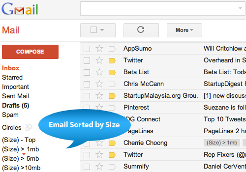 Как отсортировать почту Gmail по размеру вложений