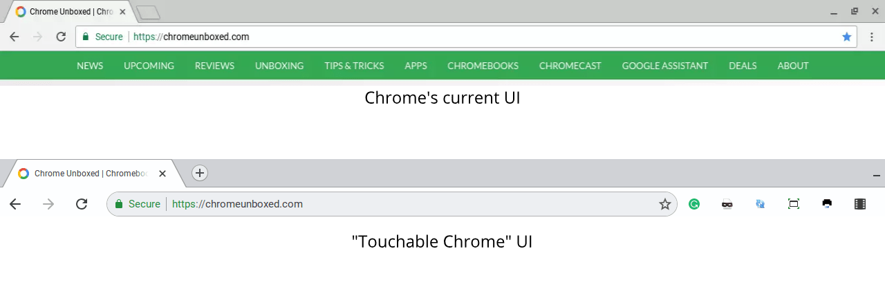 Для этого в Chrome есть функция Touchable Chrome, которая делает панель вкладок и ее кнопки большими по размеру.