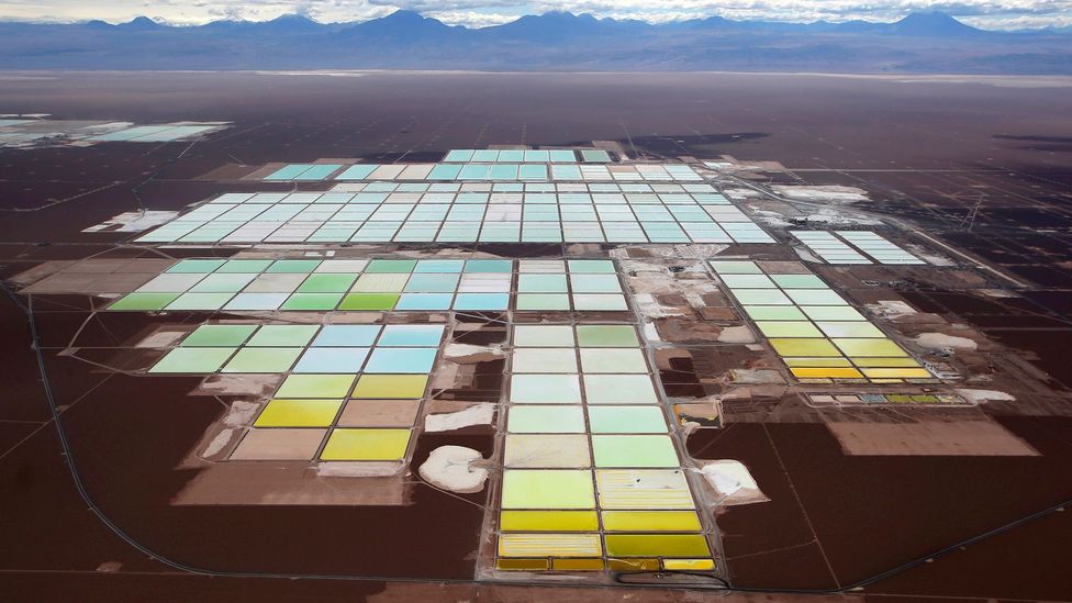 A wider view of Chile's brine pools. It can take more than a year to maximise the lithium concentration by this evaporation method (Credit: Ivan Alvarado/Reuters)