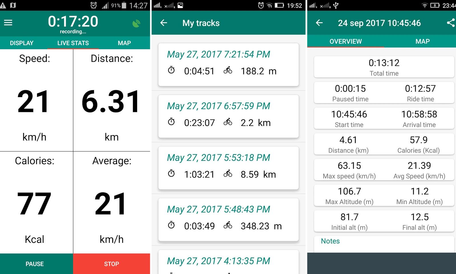 три зображення комп’ютерної програми для велосипеда, які показують спалені калорії, статистику максимальної та середньої швидкості та відстань за датою та часом запису