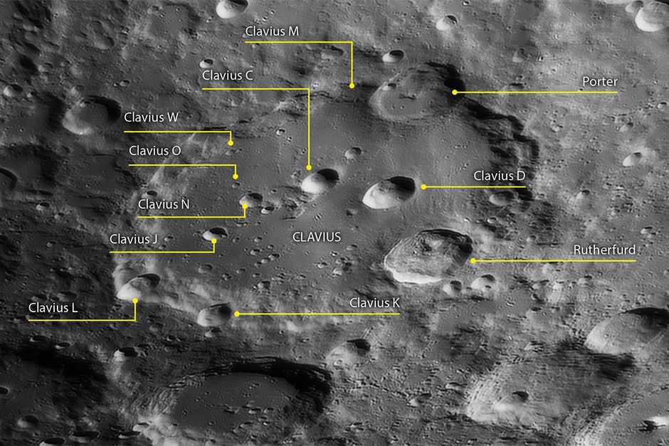 Clavius is a wonderfully rugged moon crater, ripe for observing with a telescope. Credit: Pete Lawrence