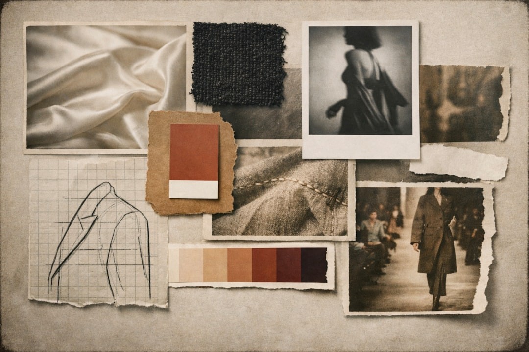 Mood board with fabric swatches, sketches, and vintage photos.